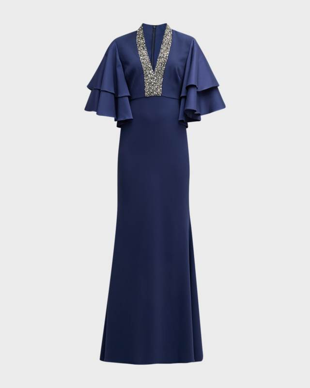 Jewel-Embellished Tiered-Sleeve Gown